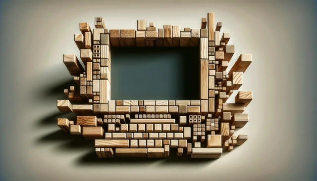 Az illusztráció, amely fa építőjáték elemekből összerakott stilizált számítógépet ábrázol